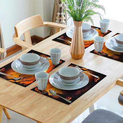 Halloween Placemats Set of 4 18X12 Inch Spooky Witch Bat Castle Pumpkin Linen Place Mats Heat-Resistant Washable Wipeable Fall Holiday Table Mats for Party Kitchen Dining Room Dinner Table Decor7