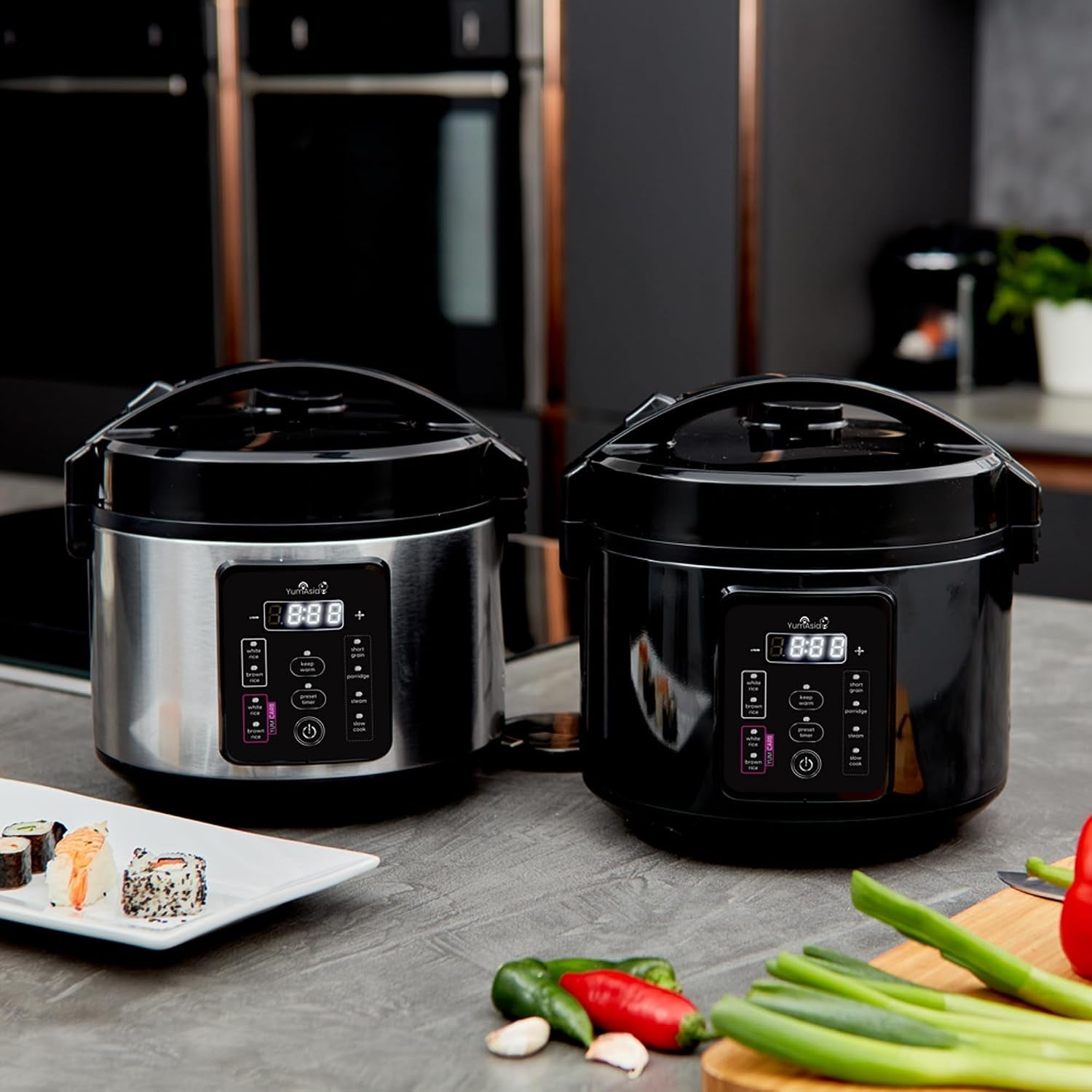 kumo-yumcarb-rice-cooker-with-ceramic-bowl-and-advanced-fuzzy-logic-5-5-cups-1-litre-5-rice-cooking-functions-3-multicooker-functions-110v-us-power-light-stainless-steel