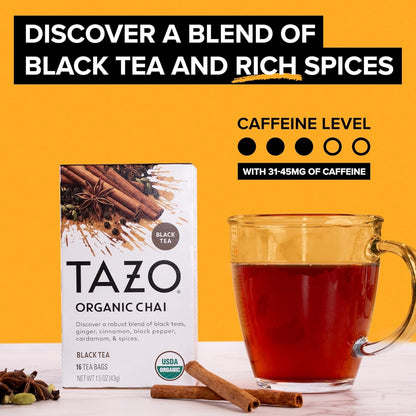 Organic Chai Black Tea Bags, 96 Total Tea Bags (16Ct - Pack of 6) | Organic Chai Black Tea Bags, 16 Count (6-Pack) 96 Total Tea Bags for Hot or Iced Tea Brewing.4