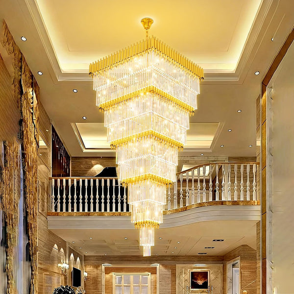 W40 X H120 Large Gold Chandeliers for High Ceiling, 39-Light Square Tiered K9 Crystal Raindrop Chandelier, Adjustable Height Luxury Pendant Light for Staircase, Villa Foyer, Entryway4