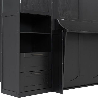 Queen Murphy Bed with Side Wardrobes & Drawers, Queen Size Wall Bed Frame, Multi-Functional Hidden Fold down Cabinet Bed with Clothing Hanging Rods & Open Shelves, Black5