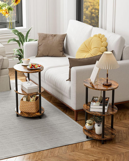 Round Small End Table - 3 Tier Oval Accent Table for Small Spaces, Rustic Wood and Metal Couch Side Table, Nightstand for Bedroom or End Table Living Room, Easy to Assemble, Rustic Brown7