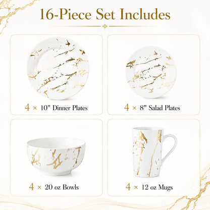 White Dinnerware Set for 4, 16-Piece Porcelain, Gold Marble6