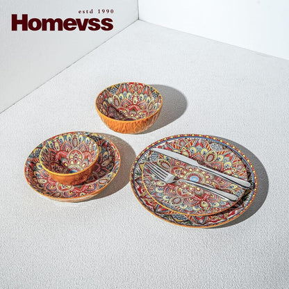 Homevss 20 Pieces Dinnerware Sets, Plates and Bowls Set, Porcelain Dishes Set for 4, Microwave and Dishwasher Safe, Scratch Resistant, Bohemian Style Dining Ware4