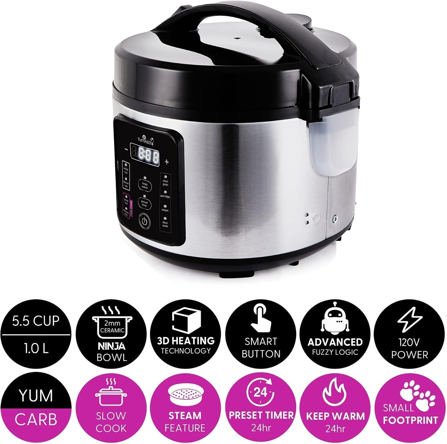 kumo-yumcarb-rice-cooker-with-ceramic-bowl-and-advanced-fuzzy-logic-5-5-cups-1-litre-5-rice-cooking-functions-3-multicooker-functions-110v-us-power-light-stainless-steel