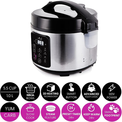 Kumo Yumcarb Rice Cooker with Ceramic Bowl and Advanced Fuzzy Logic, (5.5 Cups, 1 Litre), 5 Rice Cooking Functions, 3 Multicooker Functions, 110V US Power (Light Stainless Steel)4