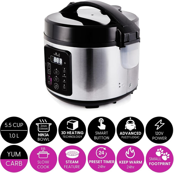Kumo Yumcarb Rice Cooker with Ceramic Bowl and Advanced Fuzzy Logic, (5.5 Cups, 1 Litre), 5 Rice Cooking Functions, 3 Multicooker Functions, 110V US Power (Light Stainless Steel)4