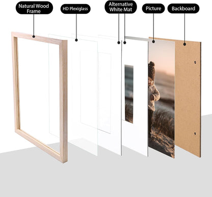 8X10 Picture Frame Natural, Solid Wood Frames with Acrylic Plexiglass for Pictures 4X6/5X7 with Mat or 8X10 without Mat, Tabletop and Wall Display Photo Frame, Set of 43