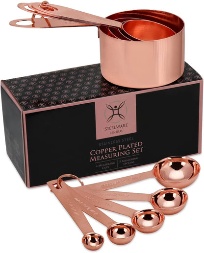Copper Measuring Cups and Spoons Set - 9-Piece Food-Grade Stainless Steel Measuring Set with 2 Storage Rings for Heavy Duty Cooking & Baking, Rose Gold1