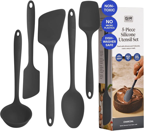 5-Piece Silicone Kitchen Utensils Set, Non-Toxic Cooking Utensils for Cooking and Baking, Heat Resistant, Food Grade, Dishwasher Safe Rubber Spatula, Ladle, Spoon - Charcoal1