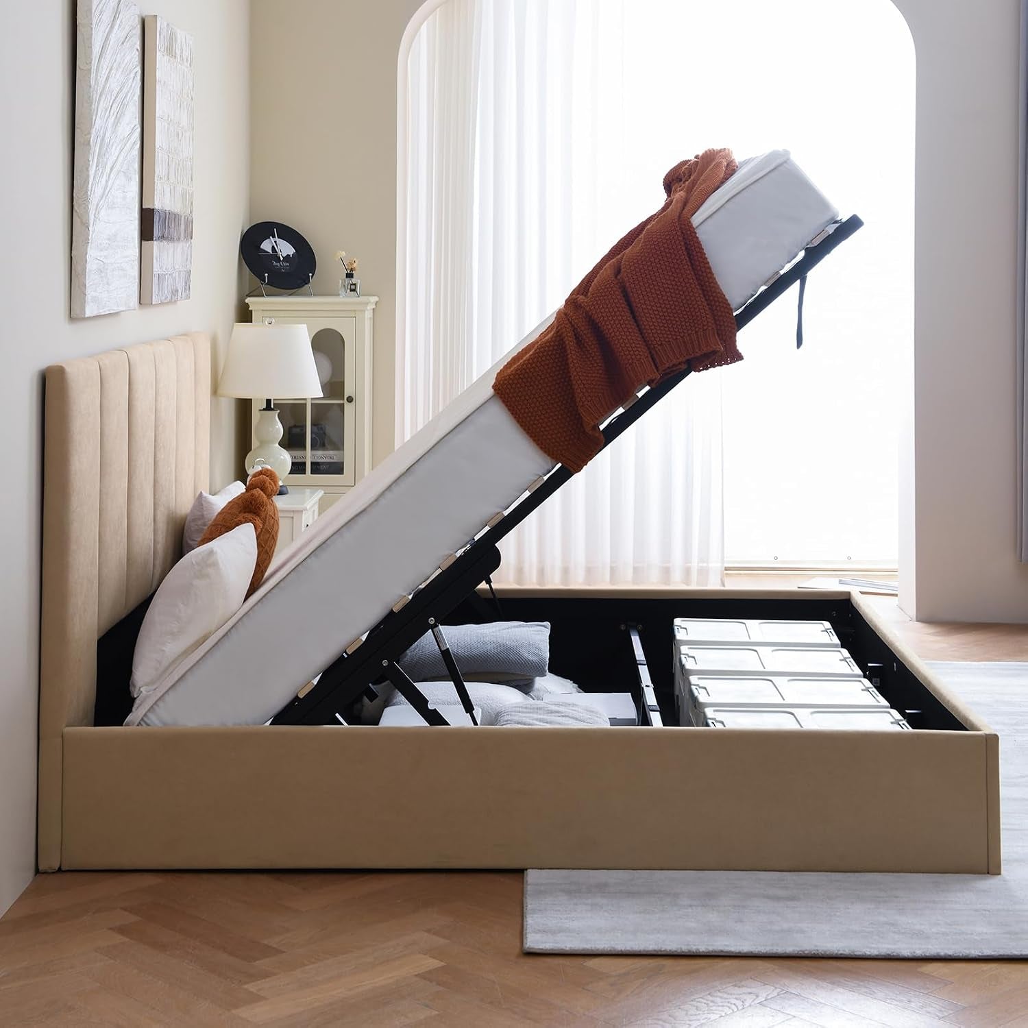 king-size-upholstered-lift-up-storage-bed-beige-linen-look-fabric-bed-frame-with-vertical-panel-headboard-hydraulic-lift-storage-wooden-slat-support-no-box-spring-needed