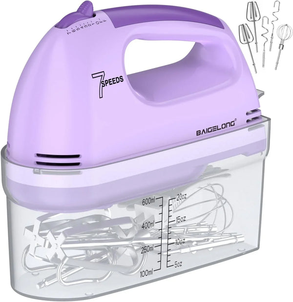 Hand Mixer. 7-Speed Adjustable Kitchen Electric Mixer. with 5 Stainless Steel Attachments: 2 Hooks, 2 Beaters, 1 Whisk. Comes 1 Storage Box. Perfect for Bakers and New Starters. Purple1