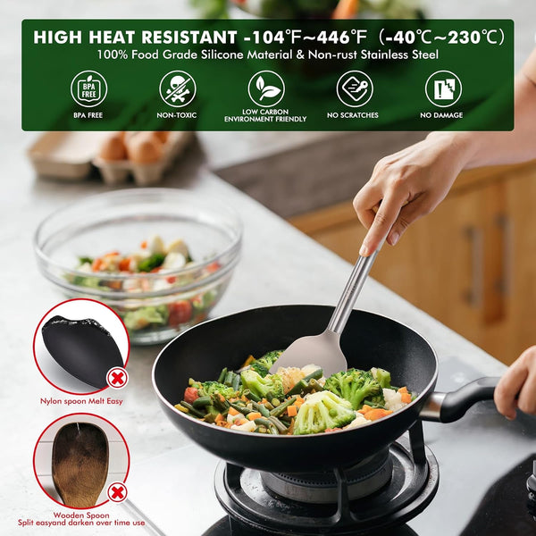 446°F Heat Resistant Silicone Kitchen Utensils, Cooking Utensil Set, Spatula Set, BPA Free, Kitchen Gadgets, with Stainless Steel Utensils Holder, Dishwasher Safe 14Pcs Khaki6