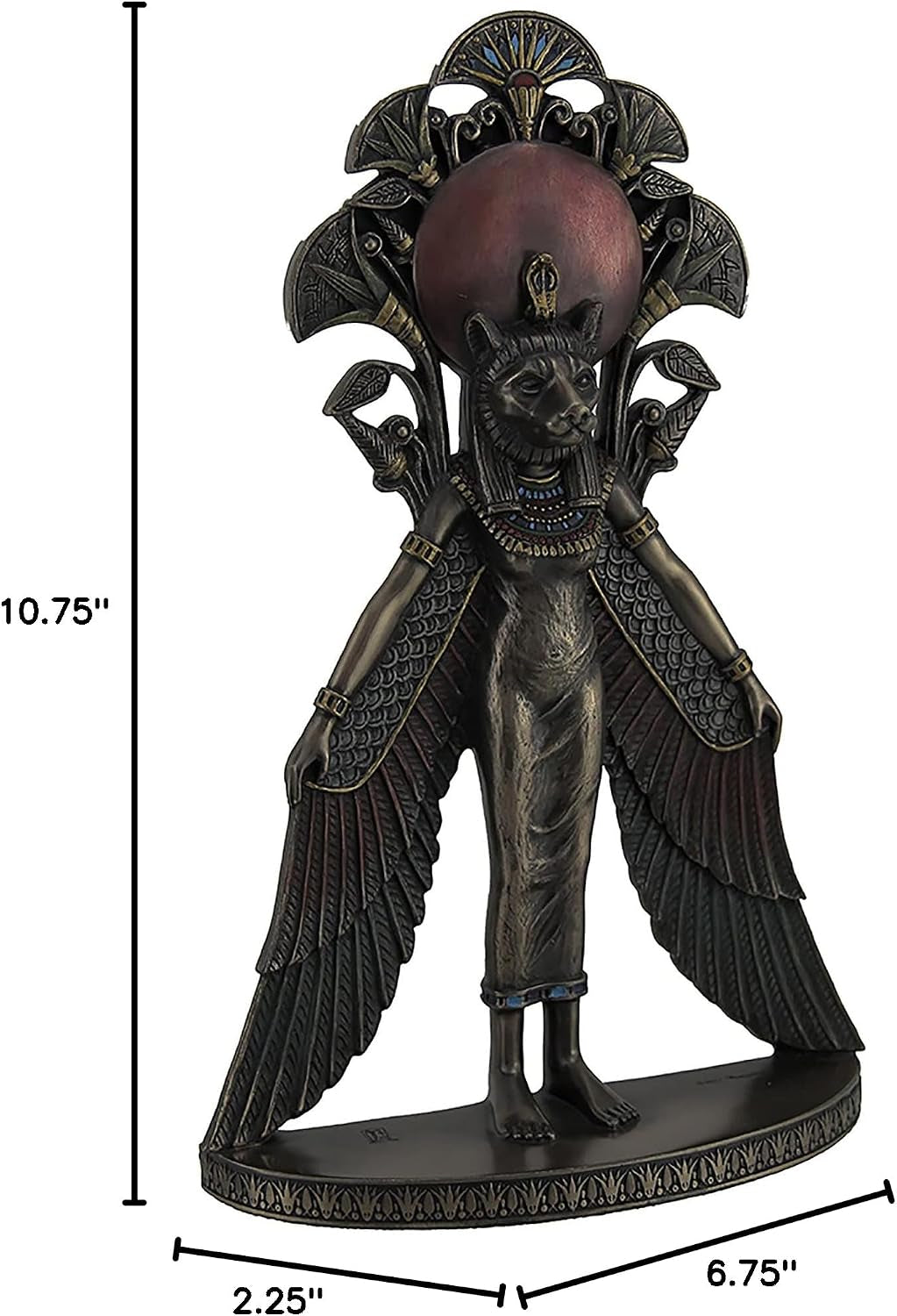 sekhmet-winged-egyptian-warrior-goddess-wall-art-statue-cold-cast-bronze-resin-blue-and-red-accents-lion-head-keyhole-hanger-for-wall-display