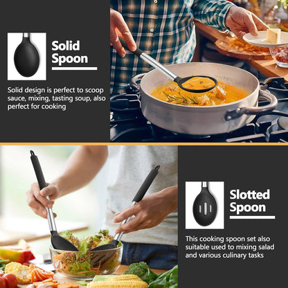 Black Kitchen Cooking Utensil Set of 4, Slicone Head & Steel Body | Silicone Solid Spatulas Slotted Spoons Turners for Non-Stick Cookware Flipping Mixing, Heat-Proof7