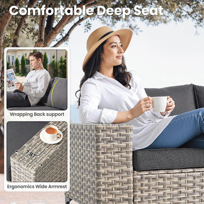8-Piece Patio Furniture Set with L-Shaped Sofa Chaise, Outdoor Modular Sectional Couch Swivel Gliders Fire Pit Table, Modern Wicker Rattan Conversation Set, Black6