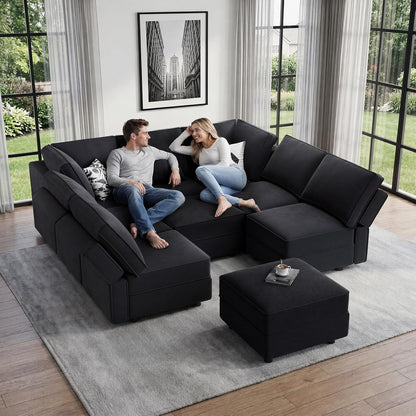 92" 9 Seats Modular Sectional Sleeper Sofa with Storage, Black7