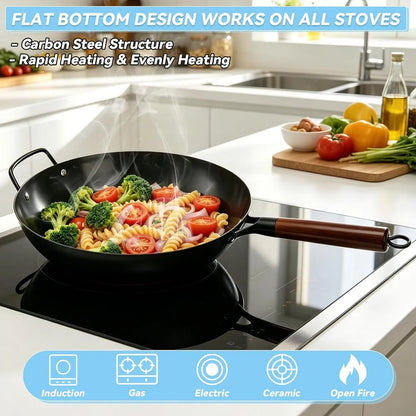 13-Inch Carbon Steel Wok Pan with Glass Lid Pre-Seasoned Flat Bottom Woks & Stir-Fry Pans Nonstick with Wooden and Steel Helper Handle Compatible with Induction, Gas, Electric, Open Fire3