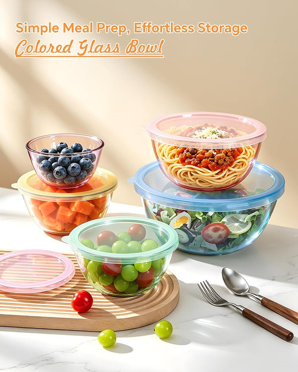 5 Pack Glass Mixing Bowls with Lids Set(4.78Qt,2.2Qt,1.7Qt,1.1Qt,0.85Qt)2