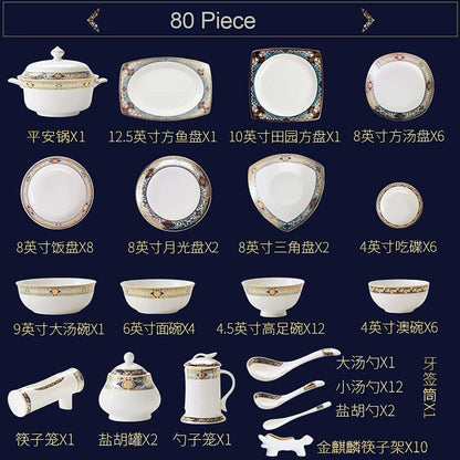 Elegant 80-Piece European-Style Bone China Dinnerware Set for 10 – Embossed Gold Pattern Plates, Bowls & Service Pieces – Perfect for Formal Dinners & Parties7