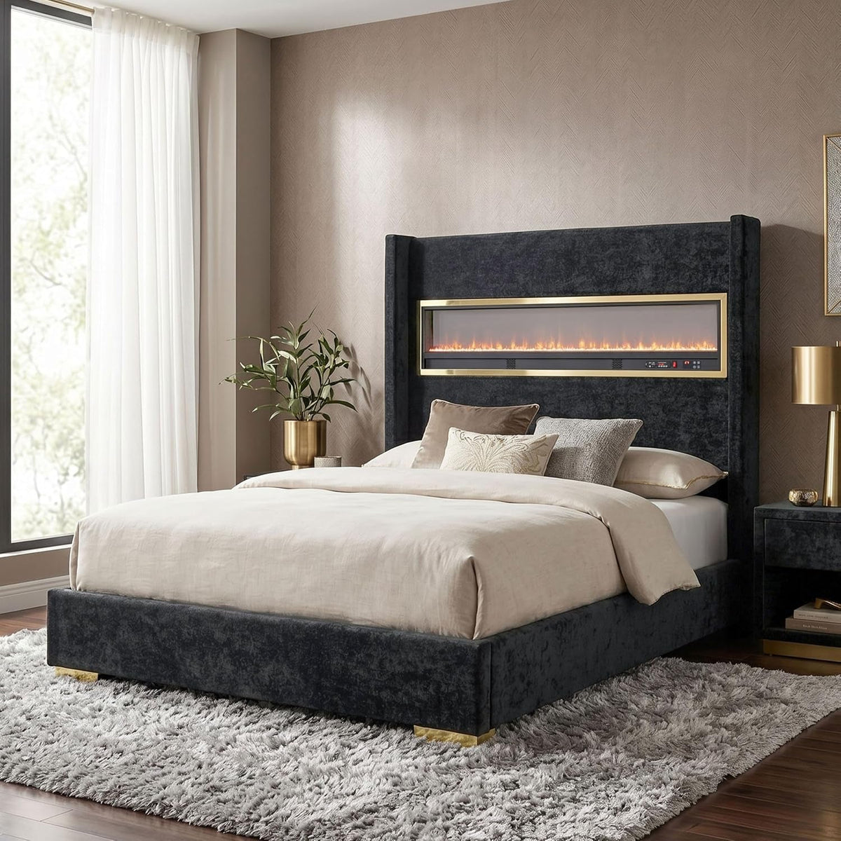 calliope-modern-boucle-bed-frame-with-3d-fireplace-headboard-bluetooth-speaker-and-usb-slot-upholstered-bedframe-no-box-spring-required-for-home-bedroom-queen-black