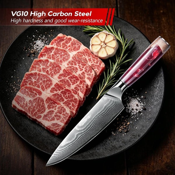Damascus High Carbon Chefs Knife Ergonomic Handle(8In,Red Resin)7
