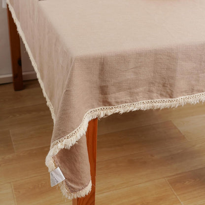100% Pure Linen Tablecloth with Tassel, Boho Farmhouse Decor Natural Table Cloth for Rectangle Squaretables for Party, Picnic, Kitchen and Dining Room (Khaki, 53 X 53 Inches)4