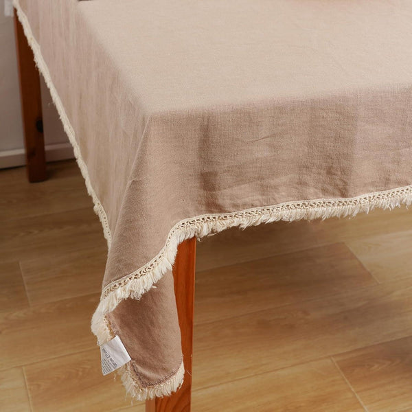 100% Pure Linen Tablecloth with Tassel, Boho Farmhouse Decor Natural Table Cloth for Rectangle Squaretables for Party, Picnic, Kitchen and Dining Room (Khaki, 53 X 53 Inches)4