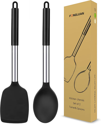Kitchen Utensils Set of 2, Silicone Cooking Utensils, Turner/Spatula, Spoons - Heat Resistant, Nonstick Cookware, Dishwasher Safe, Black1