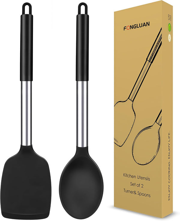 Kitchen Utensils Set of 2, Silicone Cooking Utensils, Turner/Spatula, Spoons - Heat Resistant, Nonstick Cookware, Dishwasher Safe, Black1