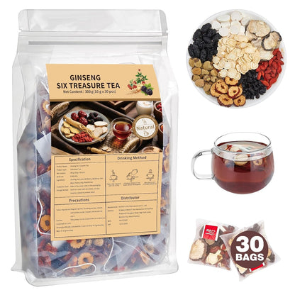 Kidney Tea Formula Ginseng Six Treasure Tea, Ginseng & Mulberry Herbal Tea, Kidney Cleanse Detox & Repair, Traditional Chinese Herbal Tea Bags, Five Treasures Teas for Men Women (30 Bags/1 Pack)1