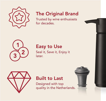 Original Wine Pump - 2 Vacuum Wine Stoppers - Wine Saver - Black | 2 Bpa-Free Wine Bottle Stoppers, Wine Vacuum Pump, Airtight Seal, Reusable, up to 10 Days Freshness, No Batteries8