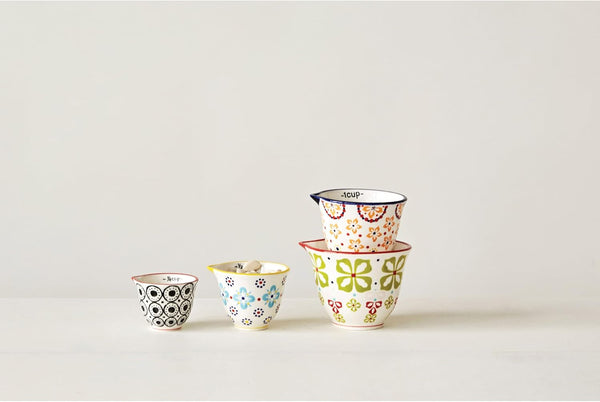 Creative Co-Op Floral Hand Stamped Stoneware Measuring Cups (Set of 4 Sizes/Designs)3