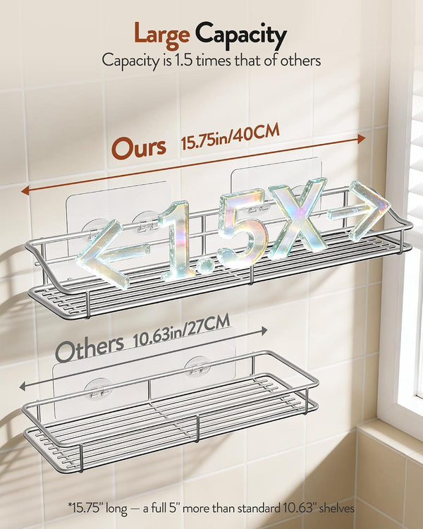 Bathroom Shelf Organizer Shower Caddy Storage Kitchen Rack with Traceless Transparent Adhesive No Drilling SUS304 Stainless Steel, 15.75 Inch, Silver2