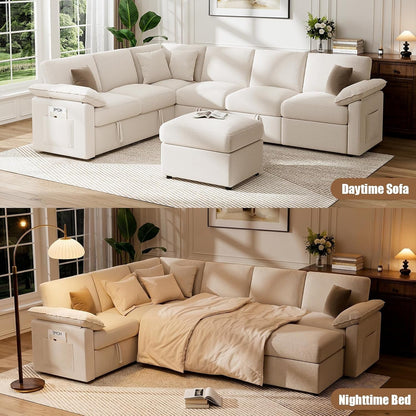 109" Modular Sectional Sofa with Pull Out Bed, L Sleeper Sofa, Beige4
