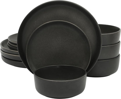 Pasco 12 Piece (Service for 4) Plates and Bowls Reactive Glaze Dishes Stoneware Ceramic Dinnerware Set - Black1
