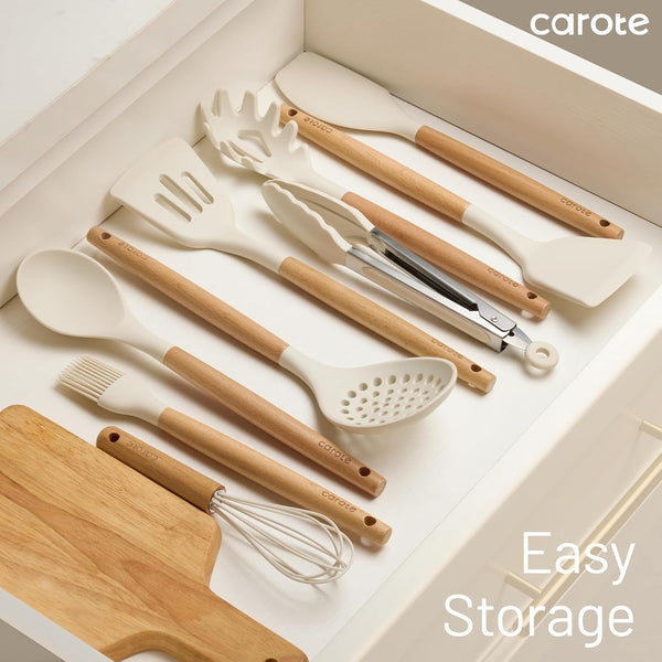 22-Piece Cooking Utensils Set with Wood Cool-Touch Handles, Cream9