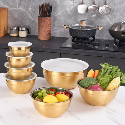 Gold Mixing Bowls with Airtight Lids, Stainless Steel Nesting Mixing Bowls Set of 7, Ideal for Baking, Prepping and Serving Food, Size 7, 3.6, 2.7, 2.1, 1.5, 1.1,0.8 QT, Stackable Design7