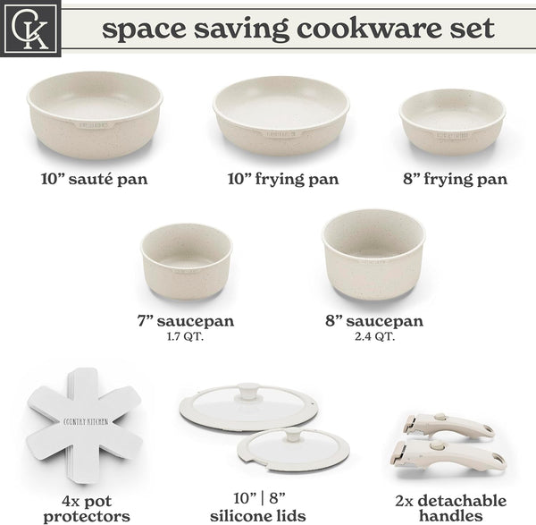 Cookware Set with Removable Handle, Oven & RV Safe Pots and Pans Set, Cream, Original3