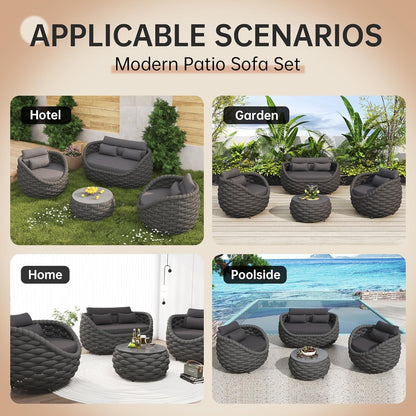 4Pcs Patio Conversation Set, Outdoor Sofa with Loveseat & Table4