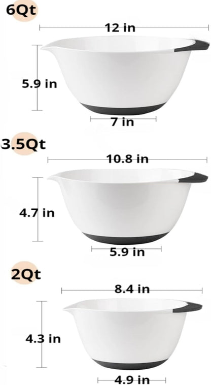6Qt,3.5Qt,2Qt 3 Extra Large Plastic Mixing Bowl with Pour Spout TPR Bottom,Nesting Mixing Bowls Set for Kitchen Cooking Prep Mixing Egg Milk Batter Baking Easy Grip Non-Slip Lightweight White6