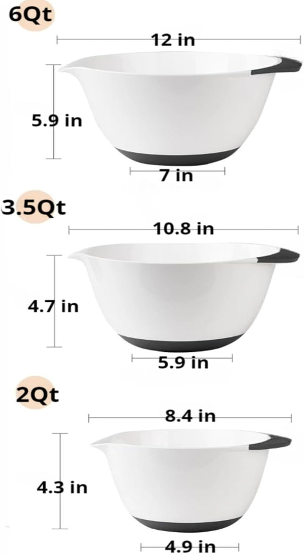 6Qt,3.5Qt,2Qt 3 Extra Large Plastic Mixing Bowl with Pour Spout TPR Bottom,Nesting Mixing Bowls Set for Kitchen Cooking Prep Mixing Egg Milk Batter Baking Easy Grip Non-Slip Lightweight White6