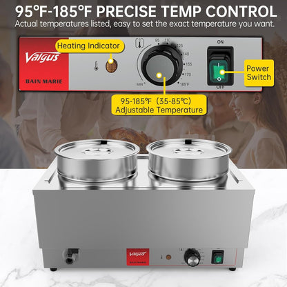 Commercial Stainless Steel Bain Marie Food Warmer 2 round Pots | 1200W, Adjustable Heat Control (95℉-185℉), Electric Soup Warmer with Lid and Tap for Home, Catering, Buffet3