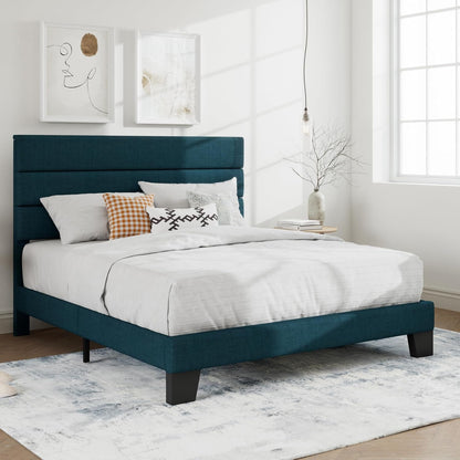 Queen Platform Bed Frame with Upholstered Fabric Headboard, Blue3