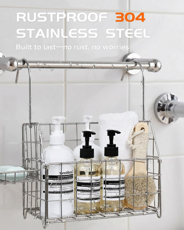Large Rustproof Shower Caddy Hanging, 304 Stainless Steel Hanging Shower Organizer Basket for Bathroom & Bathtub, over the Rod Shower Rack for Shampoo, Conditioner, Soap & Bath Accessories(Silver)3