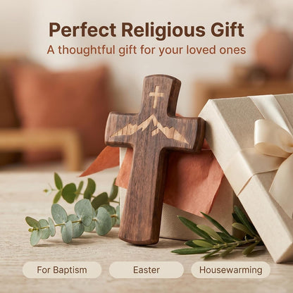 10" Wooden Cross for Wall– Mountain Engraved Christian Wall Decor | Rustic Religious Faith Wall Cross Decor, Handcraft Christian Wall Hanging Cross–Spiritual Gift for Christmas,Easter,Baptism6
