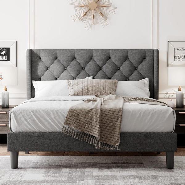 Queen Size Bed Frame with Diamond Tufted Wingback Headboard, Morden Upholstered Platform Bed, Sturdy Wooden Slats Support, Noise-Free, No Box Spring Needed, Easy Assembly, Dark Gray3