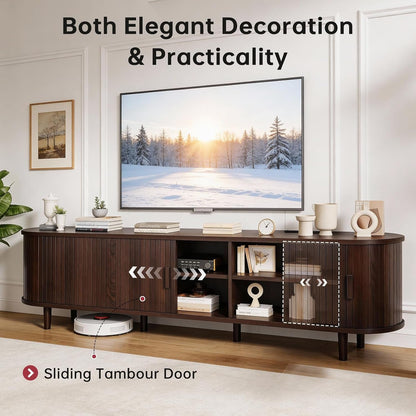 70" Mid Century Modern TV Stand, Wood TV Consoles with Sliding Doors and Power Outlet, Entertainment Center with Adjustable Shelves, Fluted TV Stands for Living Room, Walnut4