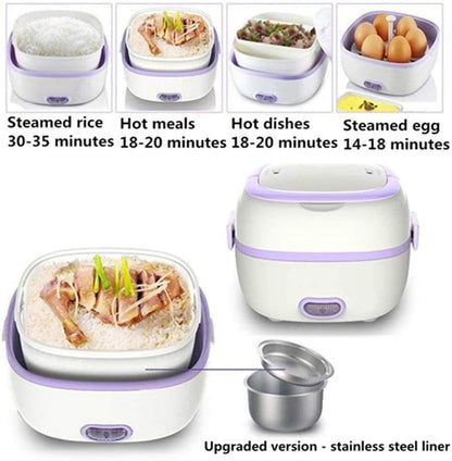 Multifunctional Electric Lunch Box, Mini Rice Cooker, Portable Food Heater Steamer with Stainless Steel Bowls, Egg Steaming Rack, Spoon, Measuring Cup for Use in Office Outdoor School3