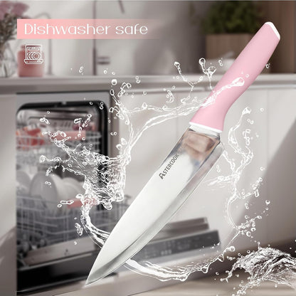 Knife Set, Kitchen Knives Set with Block and Sharpener 15 Pcs German Stainless Steel Knives Sharp Blade Dishwasher Safe Deba Knives with Ergonomic Handle, Crystal Pink9